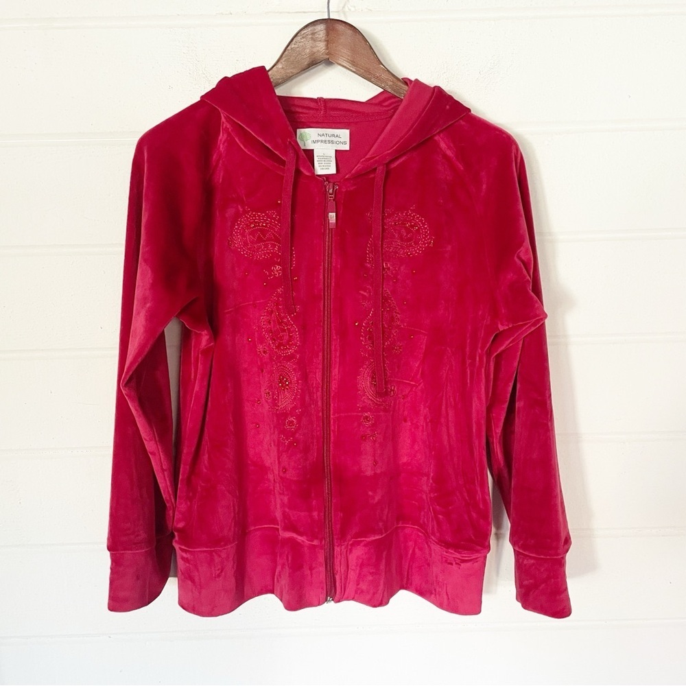 Like new! Natural Impressions Velvet Embroidered Zip-Up Red Hoodie Size Large